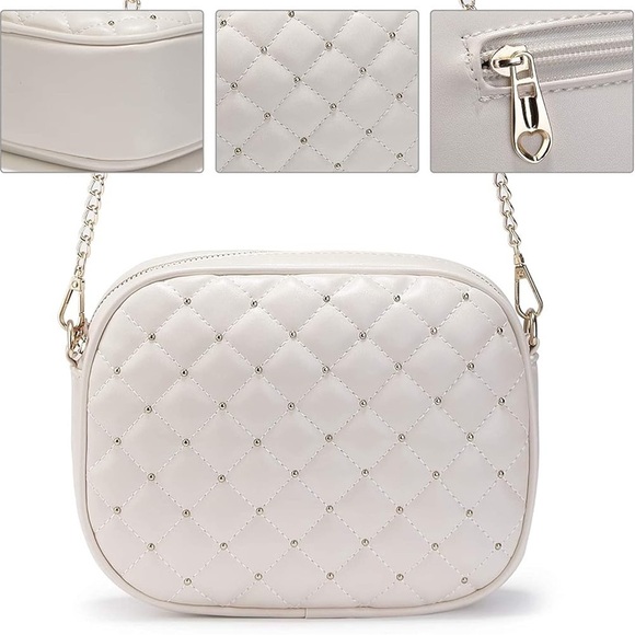 Handbags - Cream Quilted Crossbody Bag with Gold Chain Strap